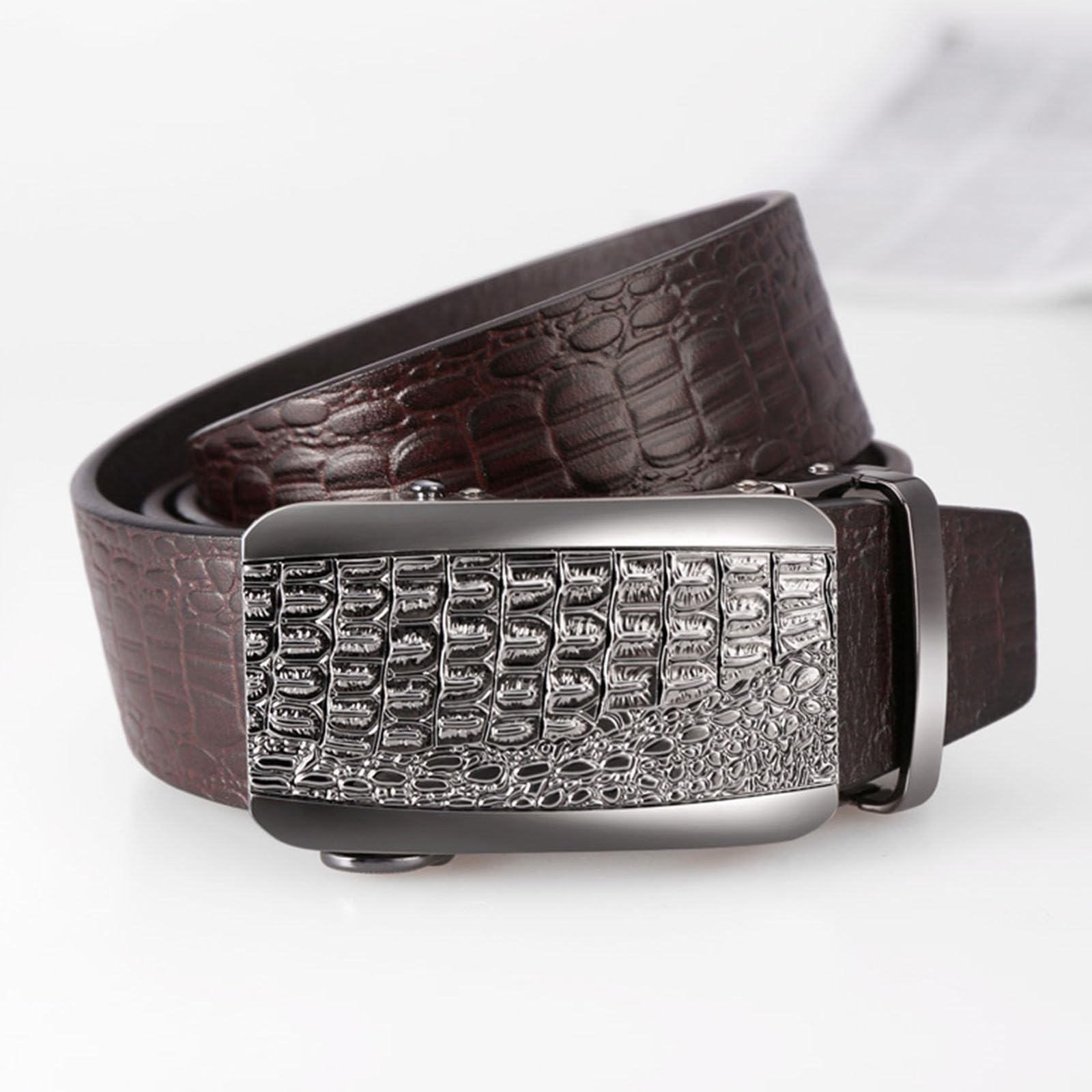 Cinturones Hombre Trinquete, Cinturones de Cuero Genuino Ajustable Negocio, Cinturón Lujo Casual Moda con Hebilla Metal Automática Grabada 3D en Aleación,Marrón,125CM/49.2''