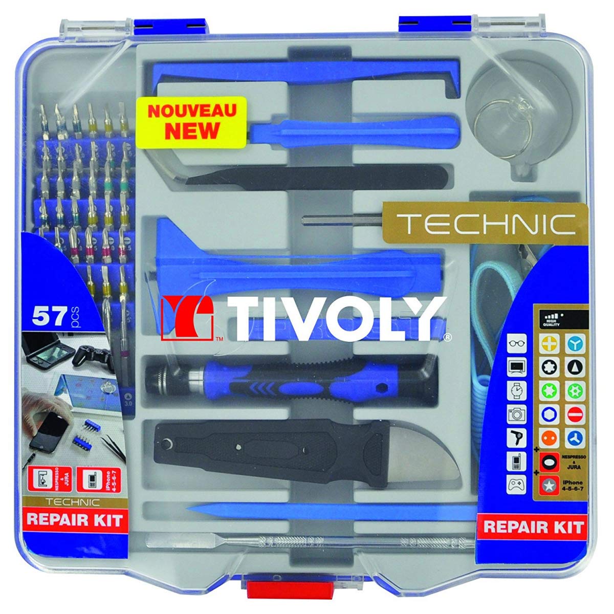 Tivoly 11501570042 Ouverture/Réparation de Smartphone/Appareils Electriques/Electroniques, Gris, Set de 57 Pièces