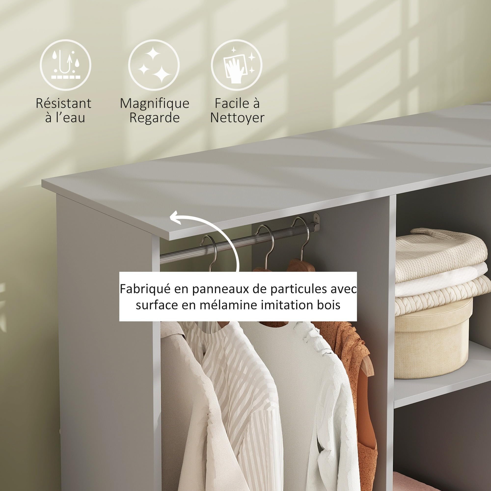 HOMCOM Armoire Penderie Meuble de Rangement Mobile 6 roulettes 120L x 40l x 128H cm en Bois Gris