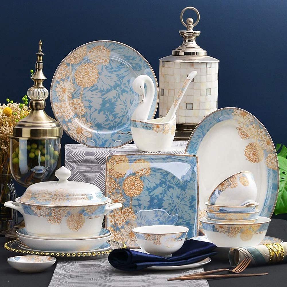 Luxury Dinnerware Set, 60 Pcs Household Dishes Set for 10 People, Handmade Flower Stickers, Oven Microwave Safe, for Family Party, Festival Party