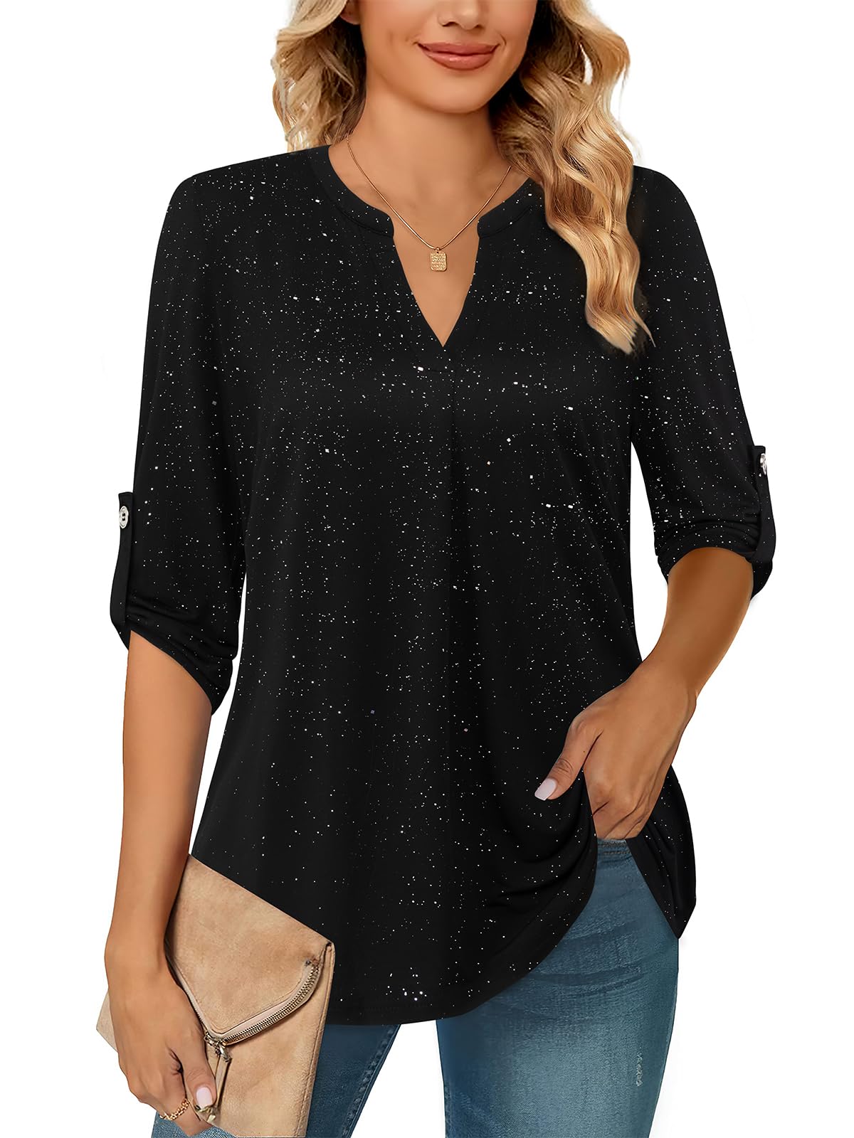 Siddhe Damen V-Ausschnitt Bluse 3/4 Ärmel Oberteile Tunika Tops Locker Longshirt Lässige T-Shirt Langarm Hemd