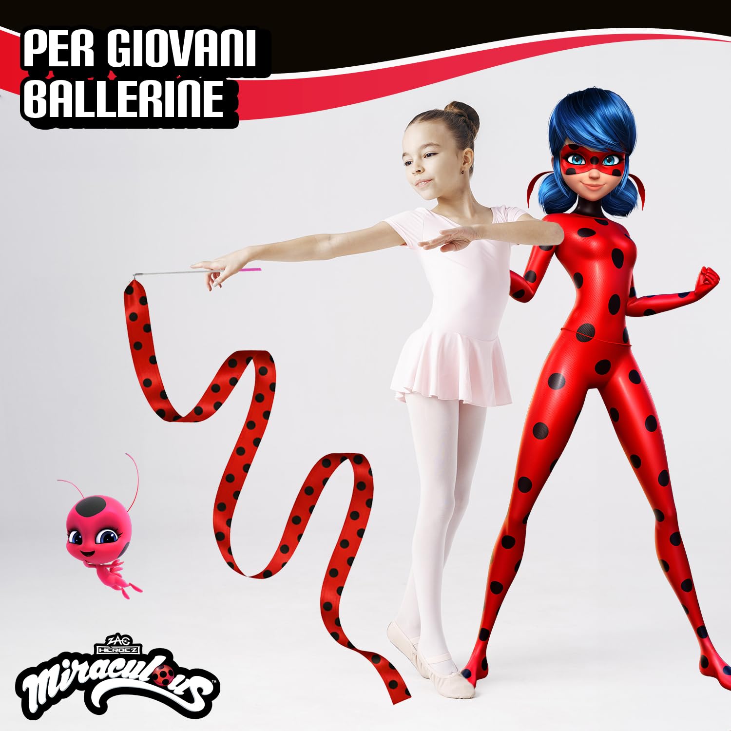 Miraculous Ufficiale – Set di 2 Nastri da Ginnastica Ladybug (2 m) – Motivo Coccinella – per Danza, Ginnastica, Ritmica, Circo, Sport – Accessori Bambini, Competizione, Allenamento – Original Corner