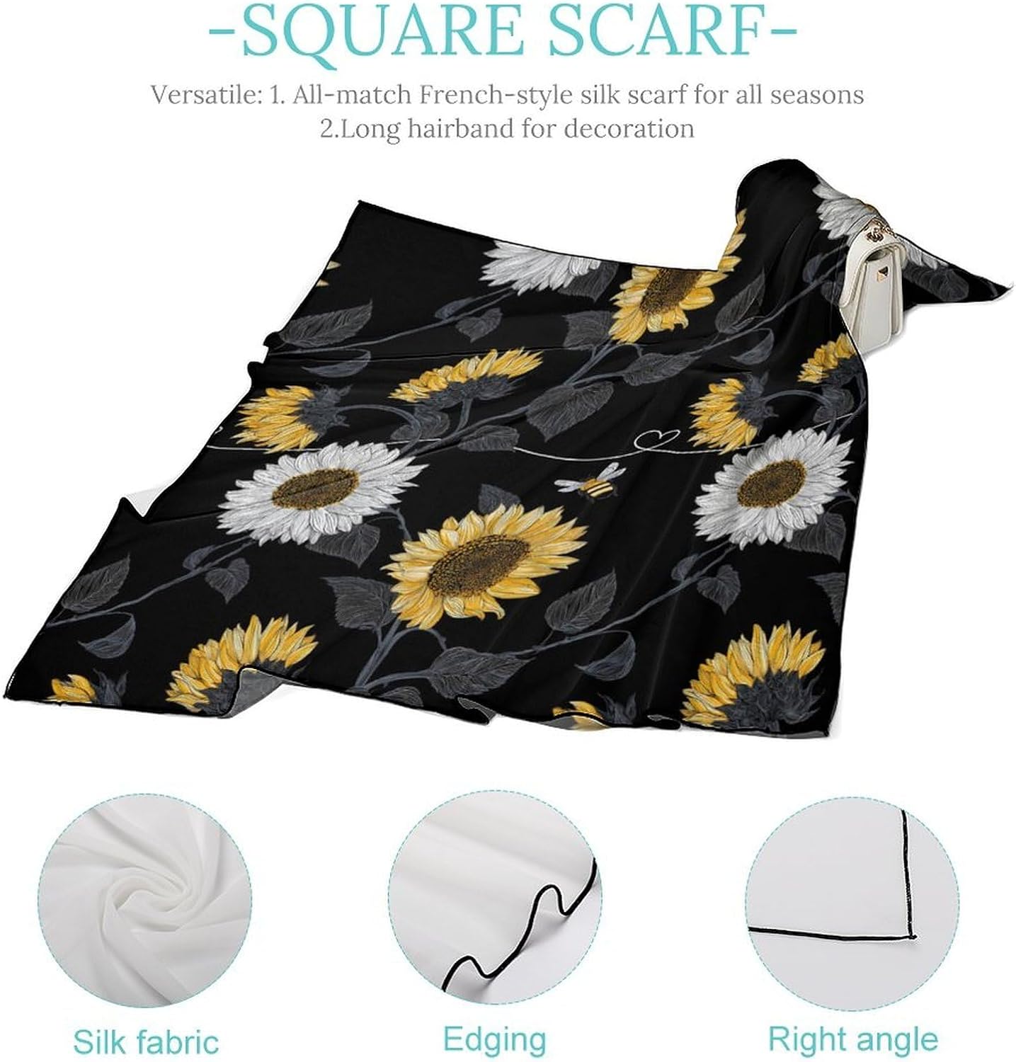 Sunflower Bee Silk-Like Square Scarf for Women Vintage Printed Neck Scarf Bandanas Hair Scarves