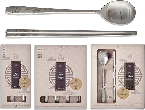 Miniatura 8 de BALWOO 5 juegos Juego de cubiertos de acero inoxidable 304 con diseño de orquídea coreano, cuchara de arroz, palillos de ramen, cubiertos (5 juegos)