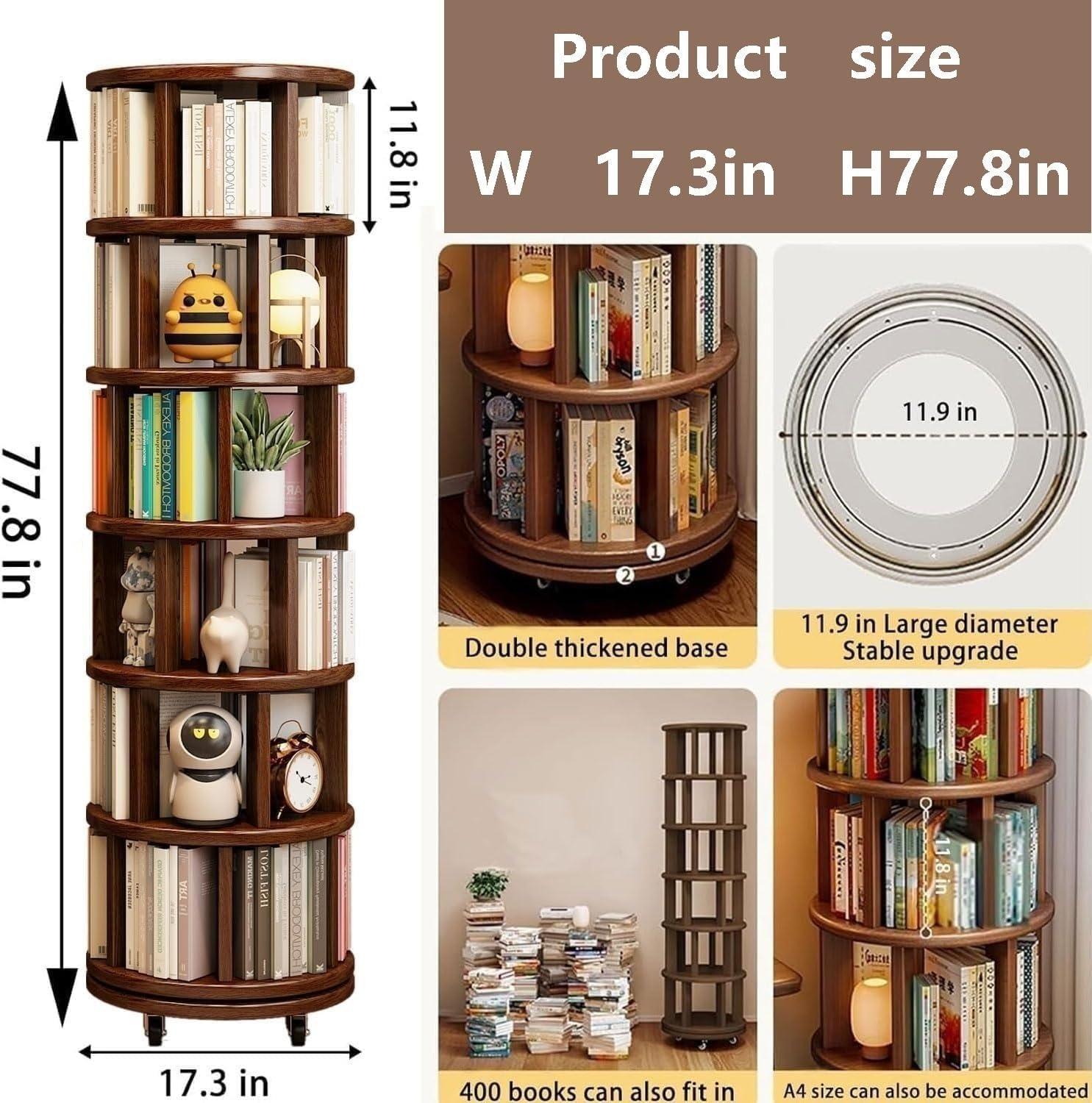 360° Drehbares Bücherregal 6-Etagen Drehregal Aus Massivholz, Platzsparendes Schmalregal Mit Rollen, Rotierender Bücherturm Für Wohnzimmer, Büro, Schlafzimmer, Ecke(Walnut)