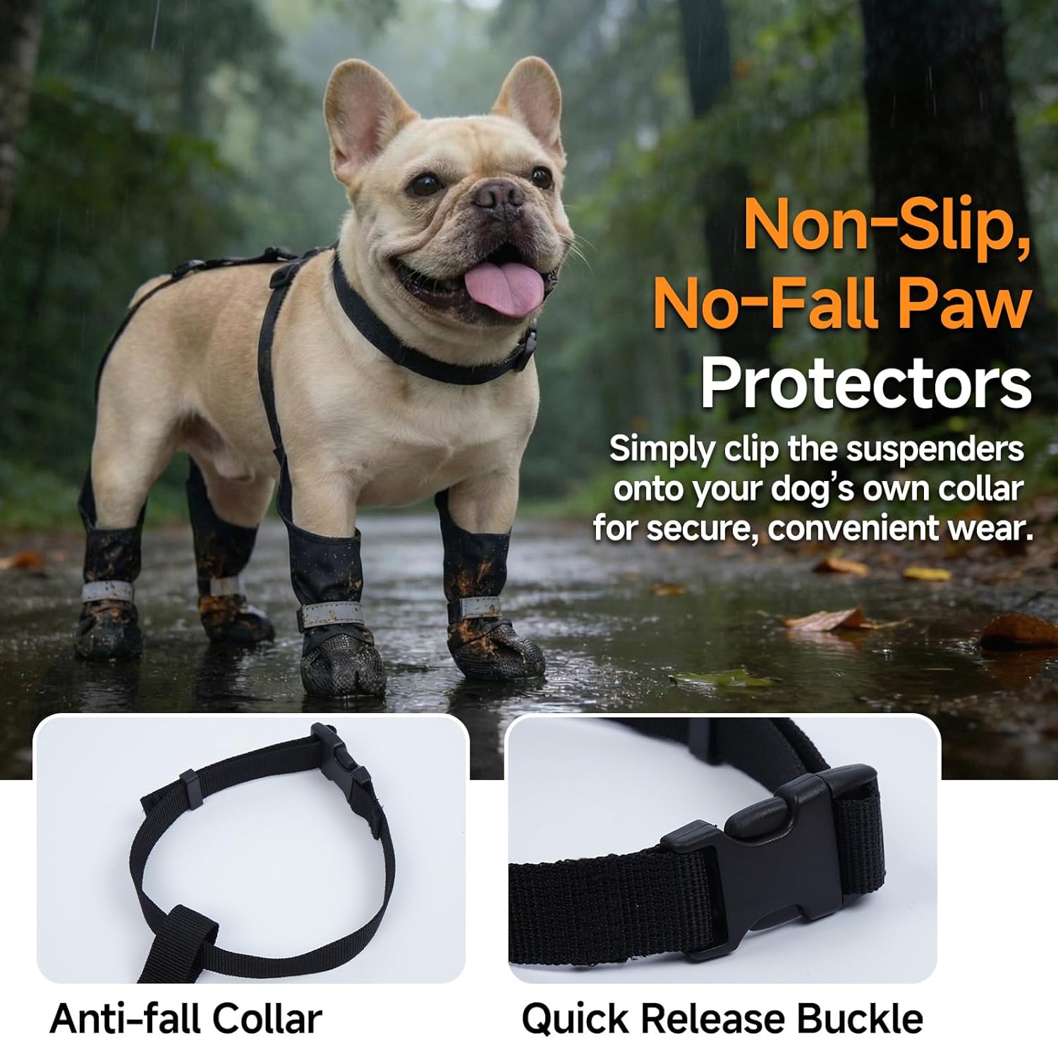 Dog Suspender Boots Reflective & Waterproof – Winter Dog Shoes for Walking, Hiking & Running, Adjustable, Non-Slip, Stay-On Pet Booties Paw Protectors for Medium Dogs, Black, Size XL