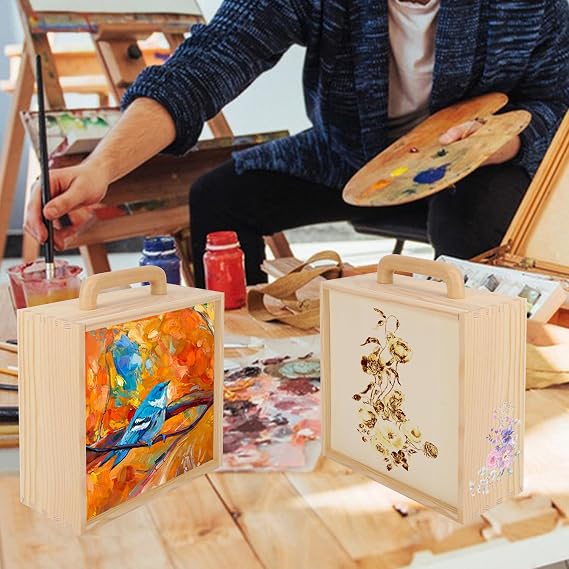 2 PCS Wood Boxes for Crafts, 8.86 x 8.86 x 3.35 Inch Wooden Box with Sliding Lid, Unfinished Wood Box with Handle for Party, DIY, Birthday