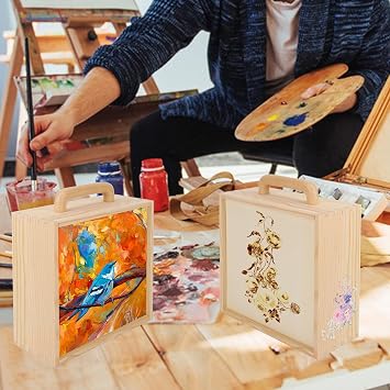 2 PCS Wood Boxes for Crafts, 8.86 x 8.86 x 3.35 Inch Wooden Box with Sliding Lid, Unfinished Wood Box with Handle for Party, DIY, Birthday