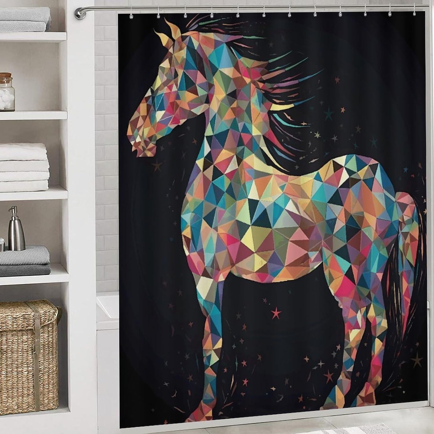 Colorful Horses Shower Curtains Set 4 Piece with Non-Slip Rugs, Toilet Lid Cover and Bath Mat Soft Bathroom Carpet Waterproof Bathroom Curtain with 12 Hooks for Bathroom Decor
