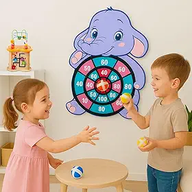 Painel Alvo Infantil Elefantinho 43x30cm com Bolinhas que Grudam – Jogo Educativo de Arremesso, Coordenação Motora, Brinquedo Seguro e Divertido para Crianças