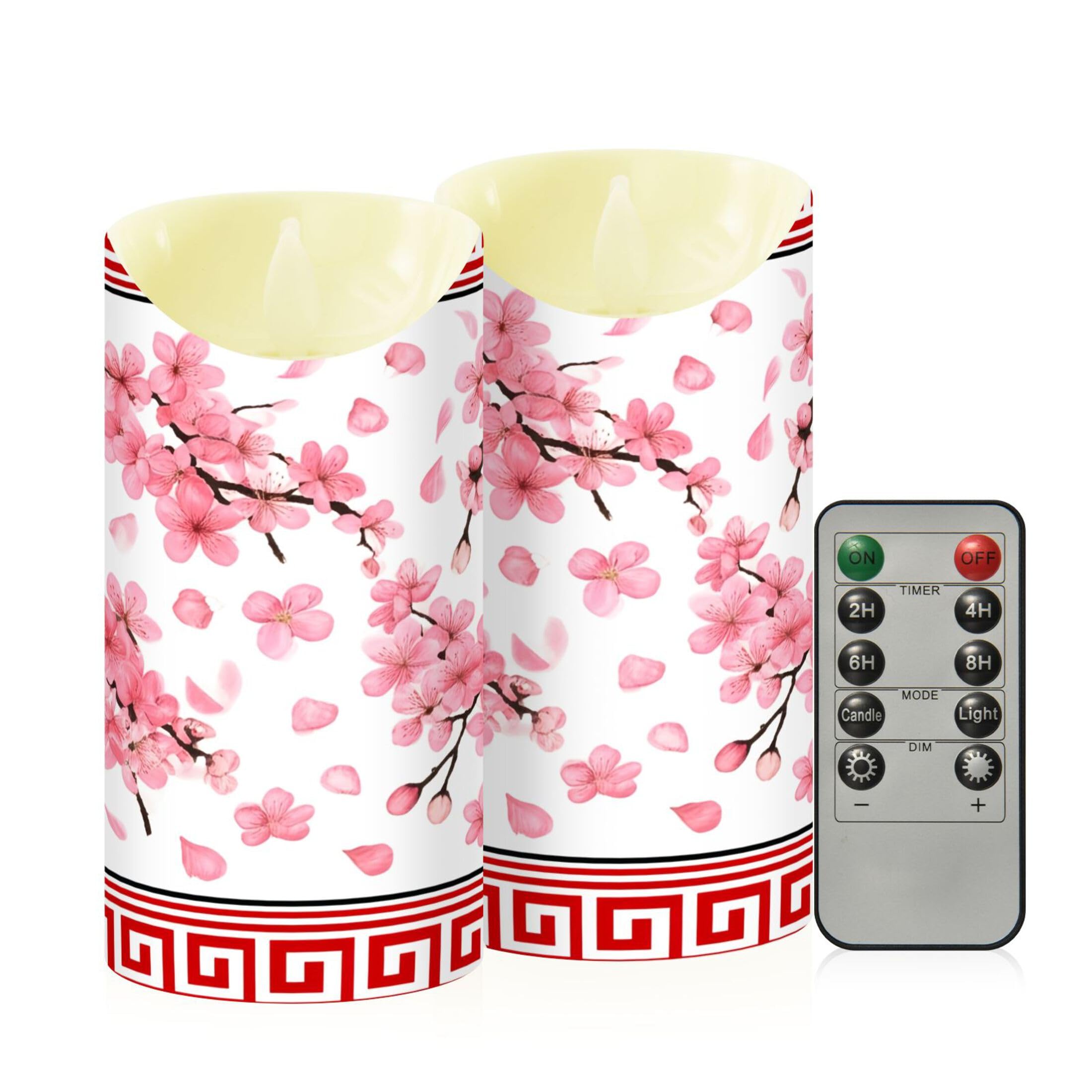 Kutsu Chinese Flowers Flameless Candles Set of 2, Battery Operated LED Flickering Candles with Remote and Timer, Plastic Pillar Candles for Home Wedding Decor
