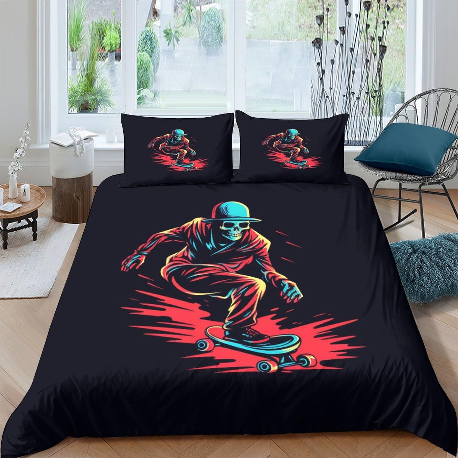 Housse de couette crâne skateboard 3D 200x200 cm avec 2 taies d'oreiller