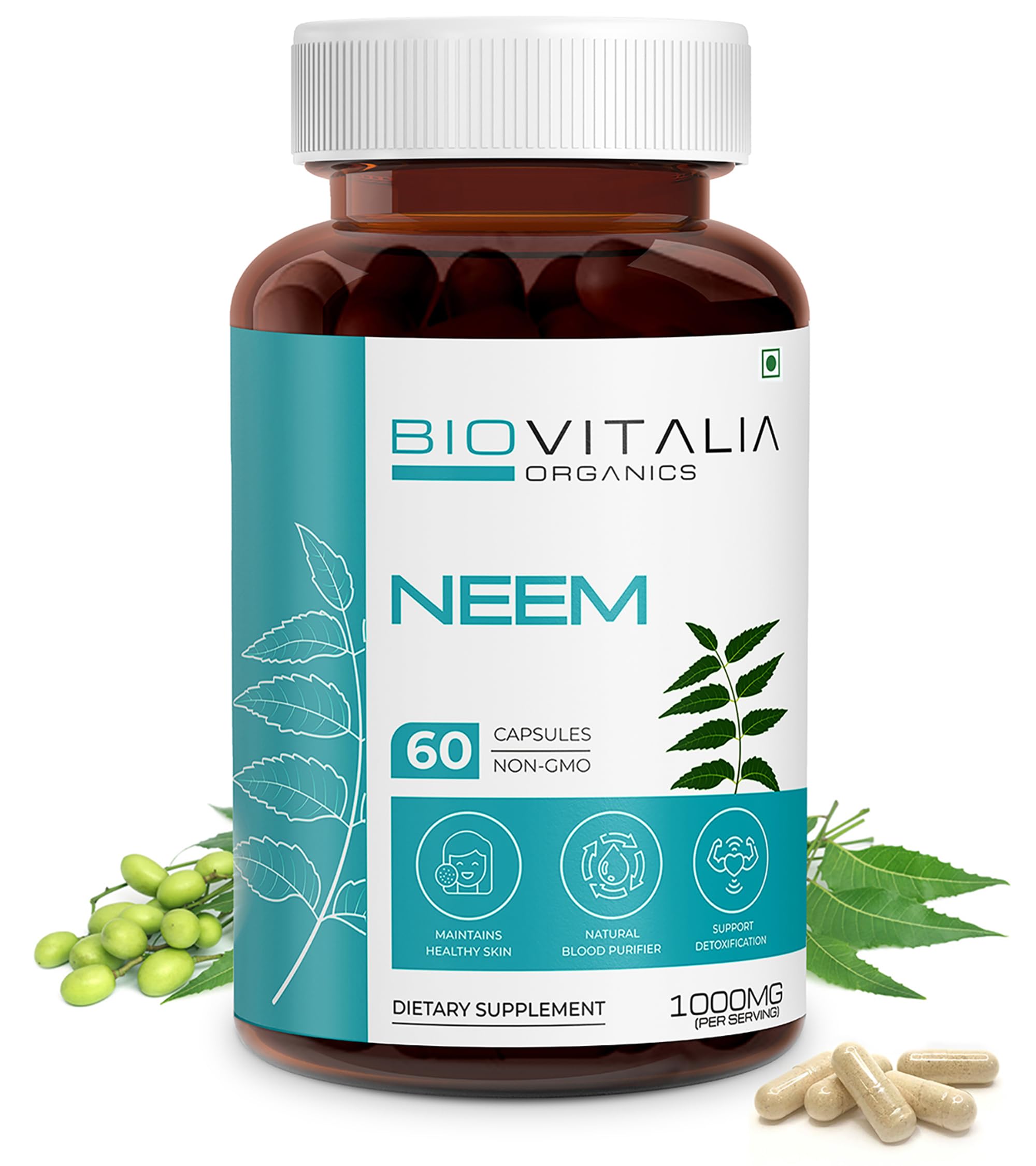 Capsule de Neem 1000 mg à base de plantes pour hommes et femmes | Complément alimentaire | Soutenir une peau saine | Soutient la détoxification - 60 capsules végétaliennes