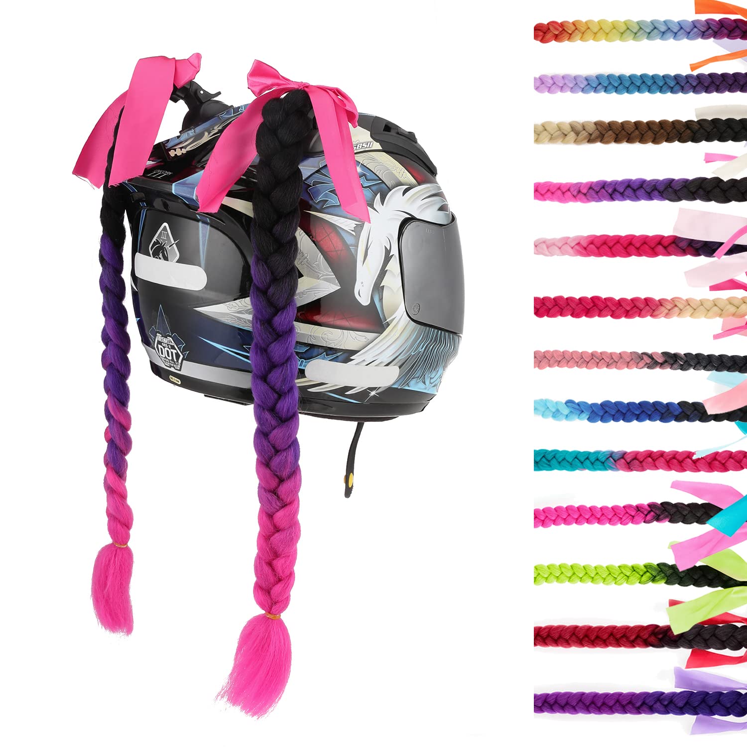 SEGO 1PCS/2PCS Helmet Pigtail Braids with Detachable Suction Cup Bowknot Ponytail Hair Many Colors (Helmet not Included)