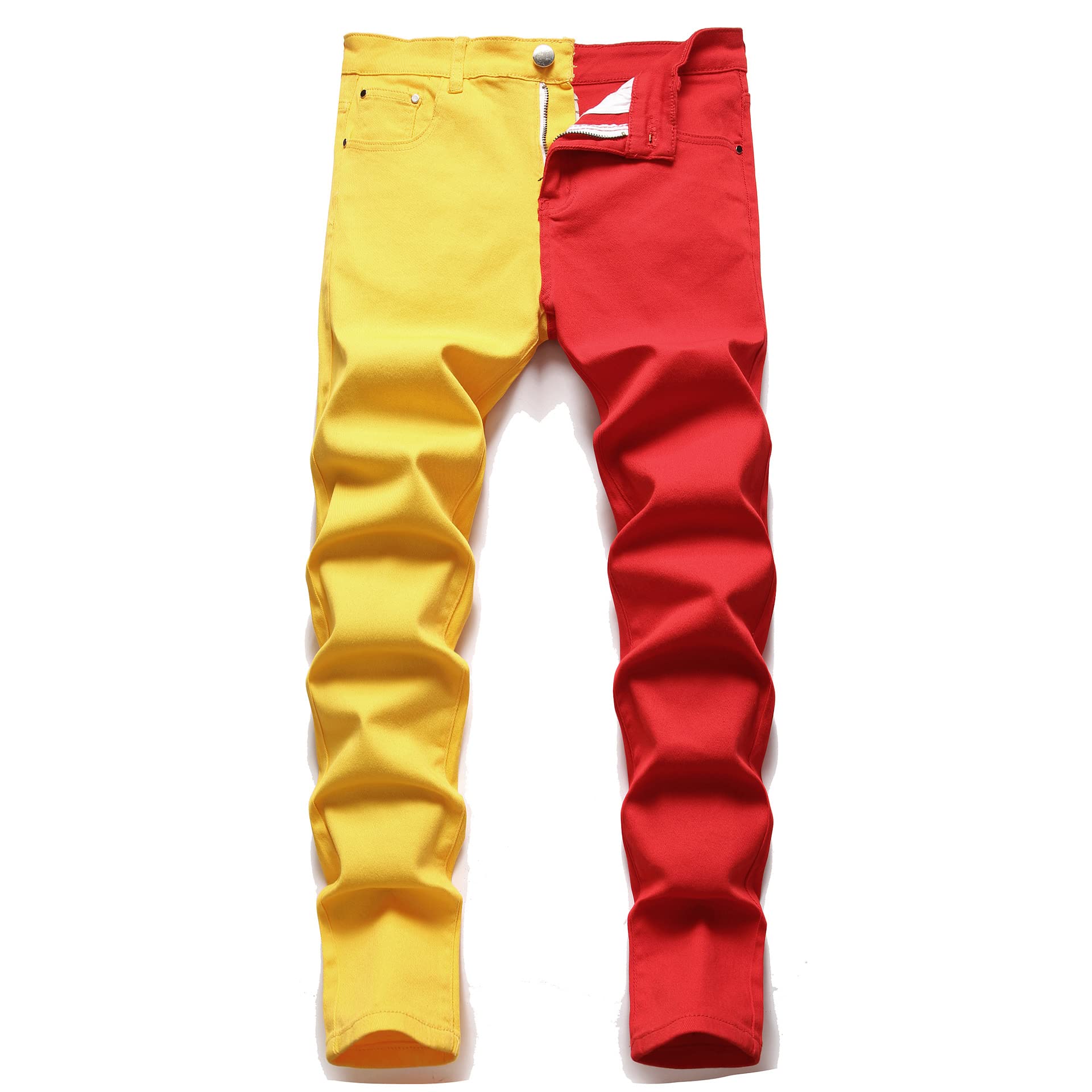 Herren Skinny Jeans Mode Casual Schwarz Rot Weiß Patchwork Slim Fit Baumwolle Demin Bleistift Hosen Größe 28-38, Gelb + Rot, 52