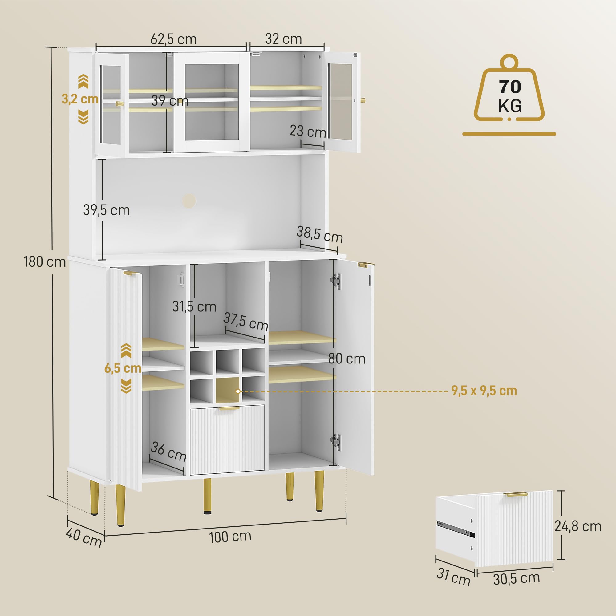 HOMCOM Alacena de Cocina Alto 3 Puertas de Vidrio 100x40x180 cm Blanco | Mueble Auxiliar de Cocina, Aparador, Botellero, Cajón, Estantes Ajustables, Compartimentos Abiertos