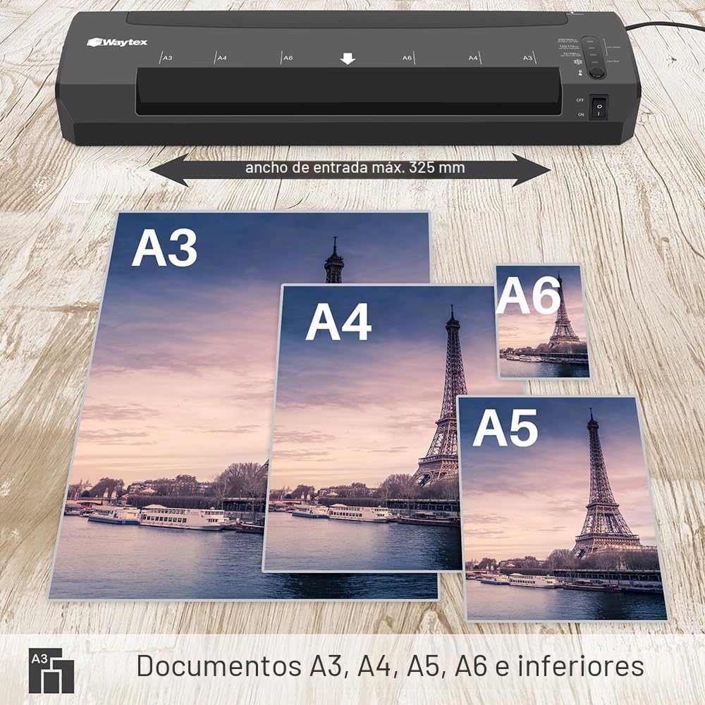 Waytex 78208 - Laminadora A3 A4 A5 A6 Pro Ultra Rápida Laminación en Caliente y Frío hasta 2 x 250 micras con temperatura ajustable + 1 recortador y 1 ángulo de corte