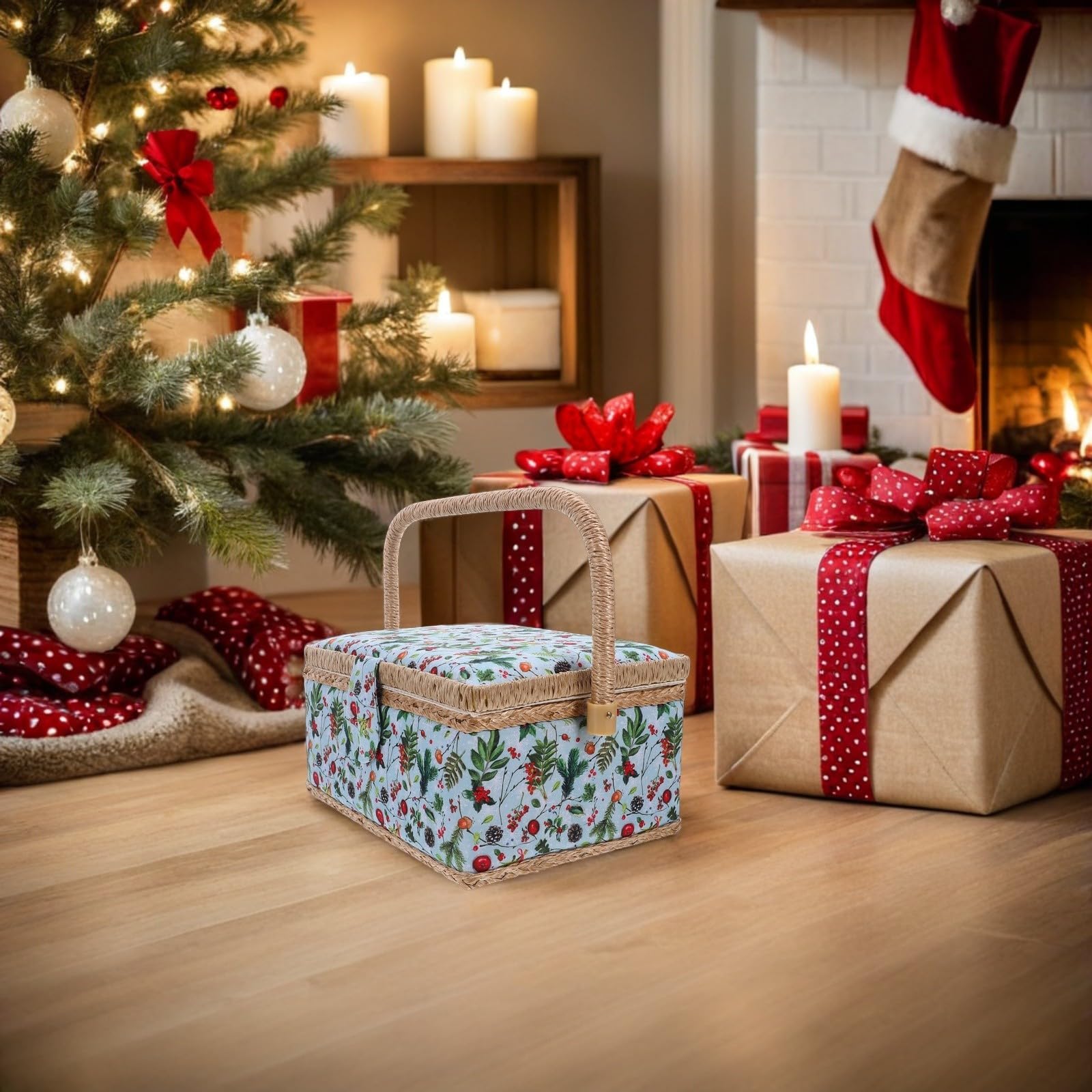Cesta Navideña para Costura Gran Capacidad, Diseño Portátil y Bordado Elegante, Caja Organizadora de Hilos y Accesorios para Uso en Casa o Viaje