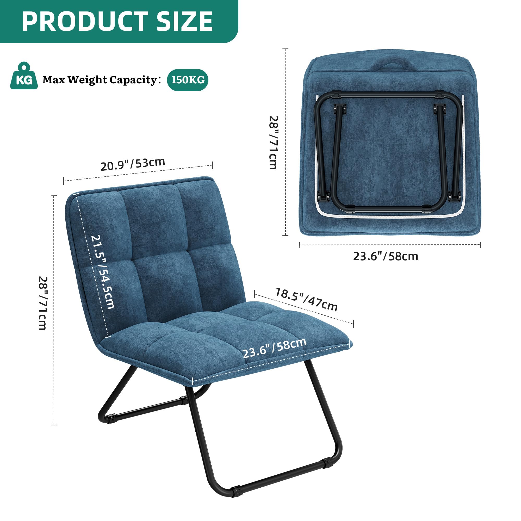 YITAHOME Klappstuhl Loungesessel Sessel Wohnzimmer, Faltbarer Ohrensessel mit Griff & Weichem Komfortpolster, Tragbar bis 150 kg, Platzsparend, Ohne Montage für Zuhause/Büro, Blau, 73×59×70 cm
