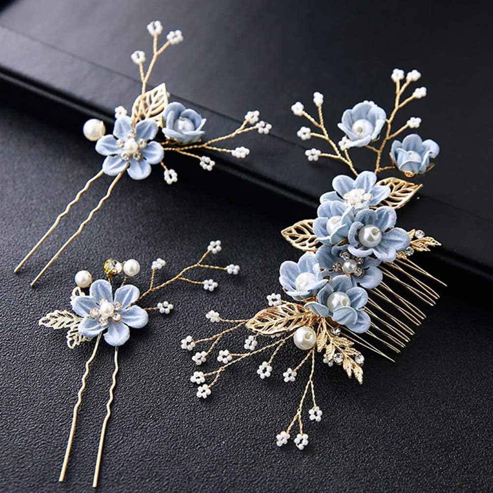 Toyvian 4pcs rhinestone hair combs floral bridal headpiece crystals headband decorative bridal headband wedding party evening hair(Blue) - Image 5