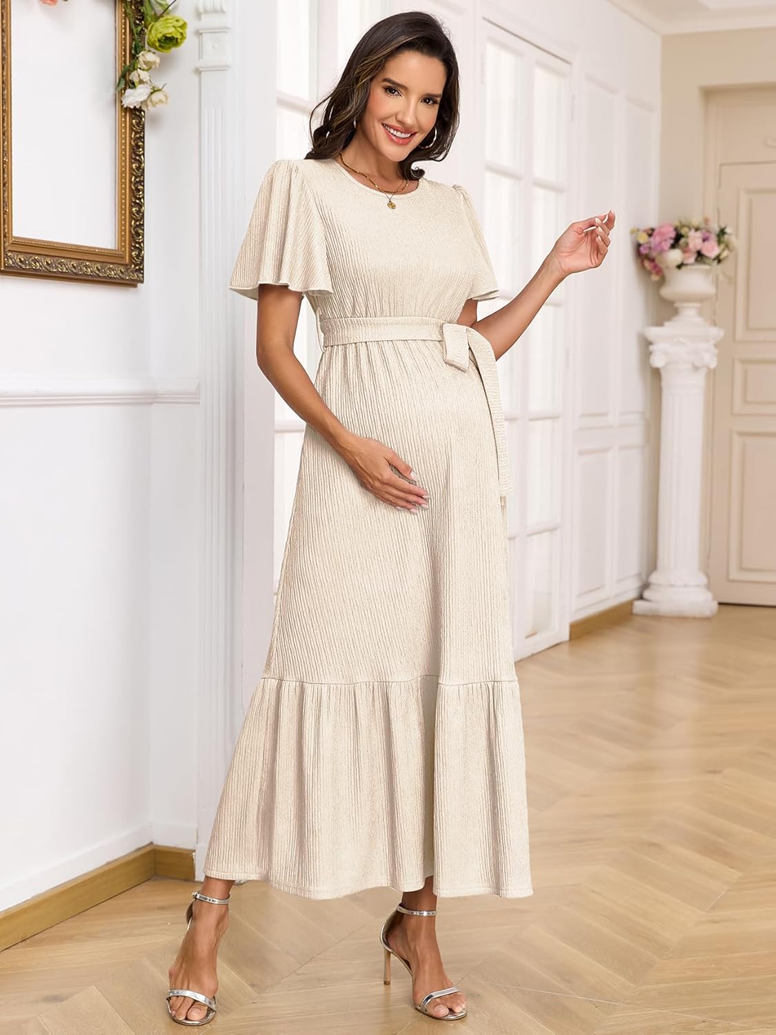 Maternity Short Sleeve Maxi Dress with Belt Crew Neck Pregnancy Tiered Ruffle Flowy Pocket Dresses Baby Shower - Image 5