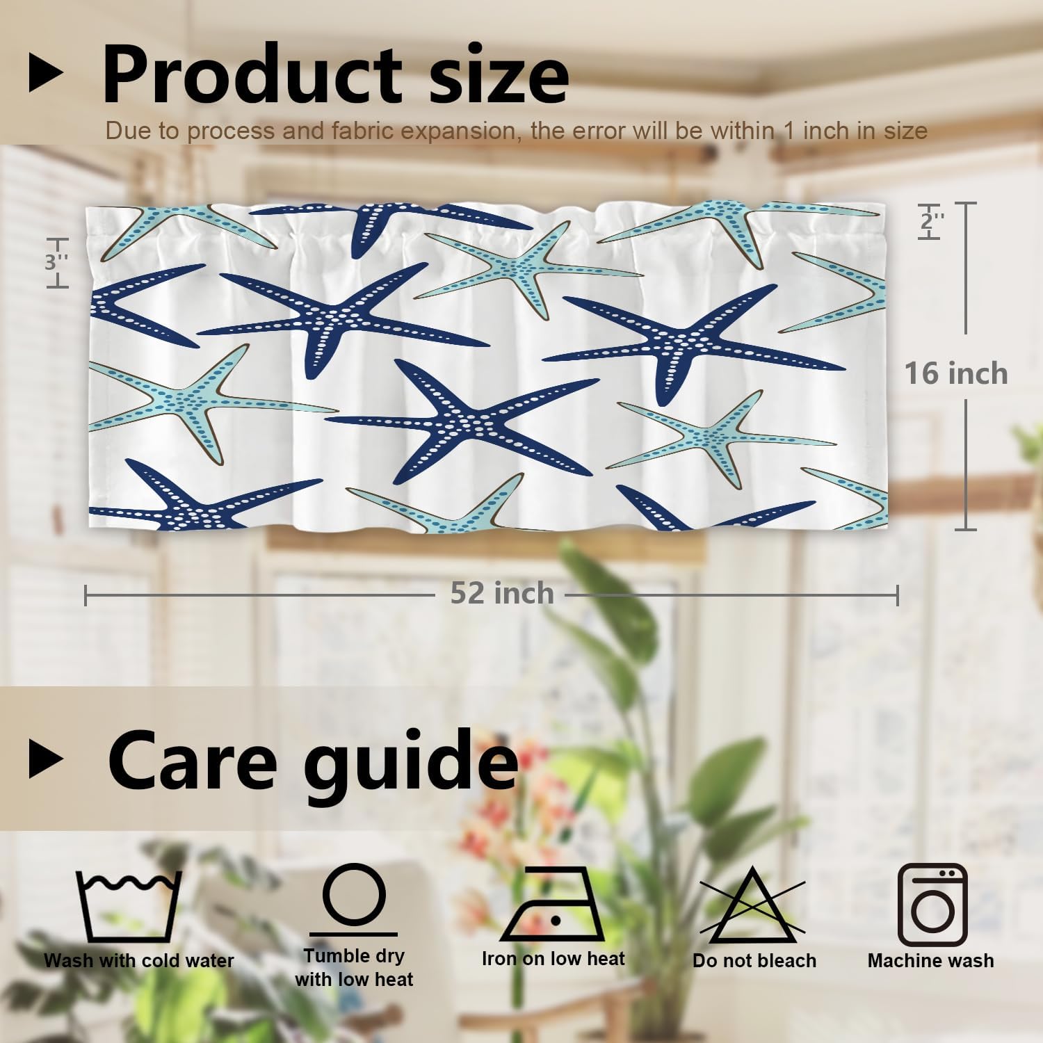 Sky Blue Nautical Starfish Kitchen Valances for Windows,White Navy Sea Star Blackout Valances Curtains Multilayer Polyester Drapes for Kitchen Bedroom 2 Pack 52X16 Inches