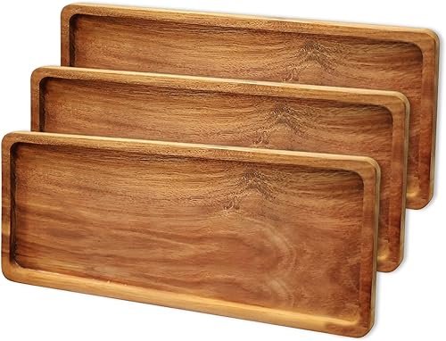Paquete de 3 bandejas de madera de acacia (14 x 5.5 pulgadas), bandejas rectangulares para decoración del hogar y alimentos, incluyendo verduras,