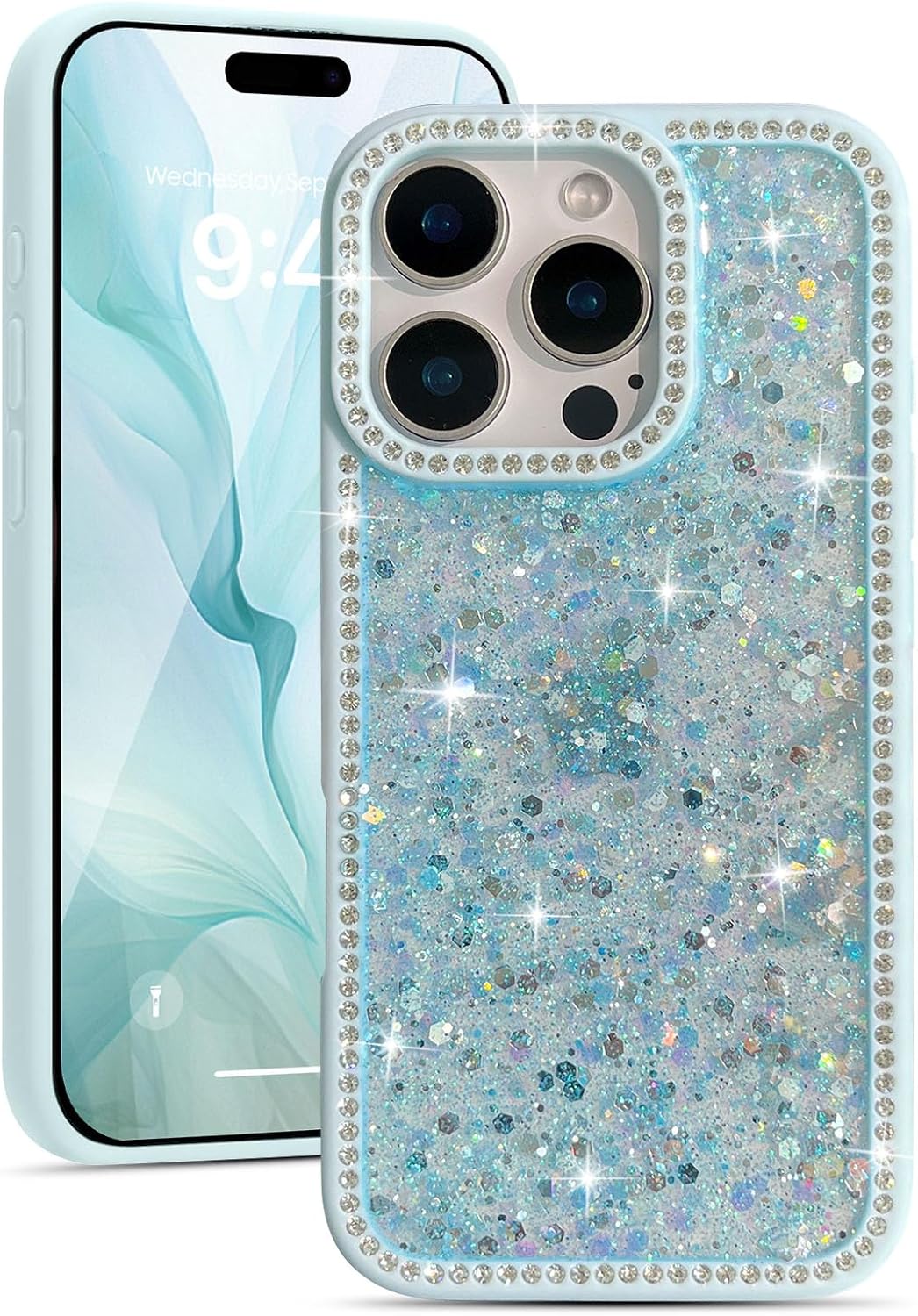 EYZUTAK for iPhone 13 Pro Max Case, Luxury Bling Shiny Glitter Sequin Phone Case with Sparkly Crystal Diamonds Rhinestone Border Aesthetic Cute Slim Soft Durable TPU Protective Cover for Women-Blue