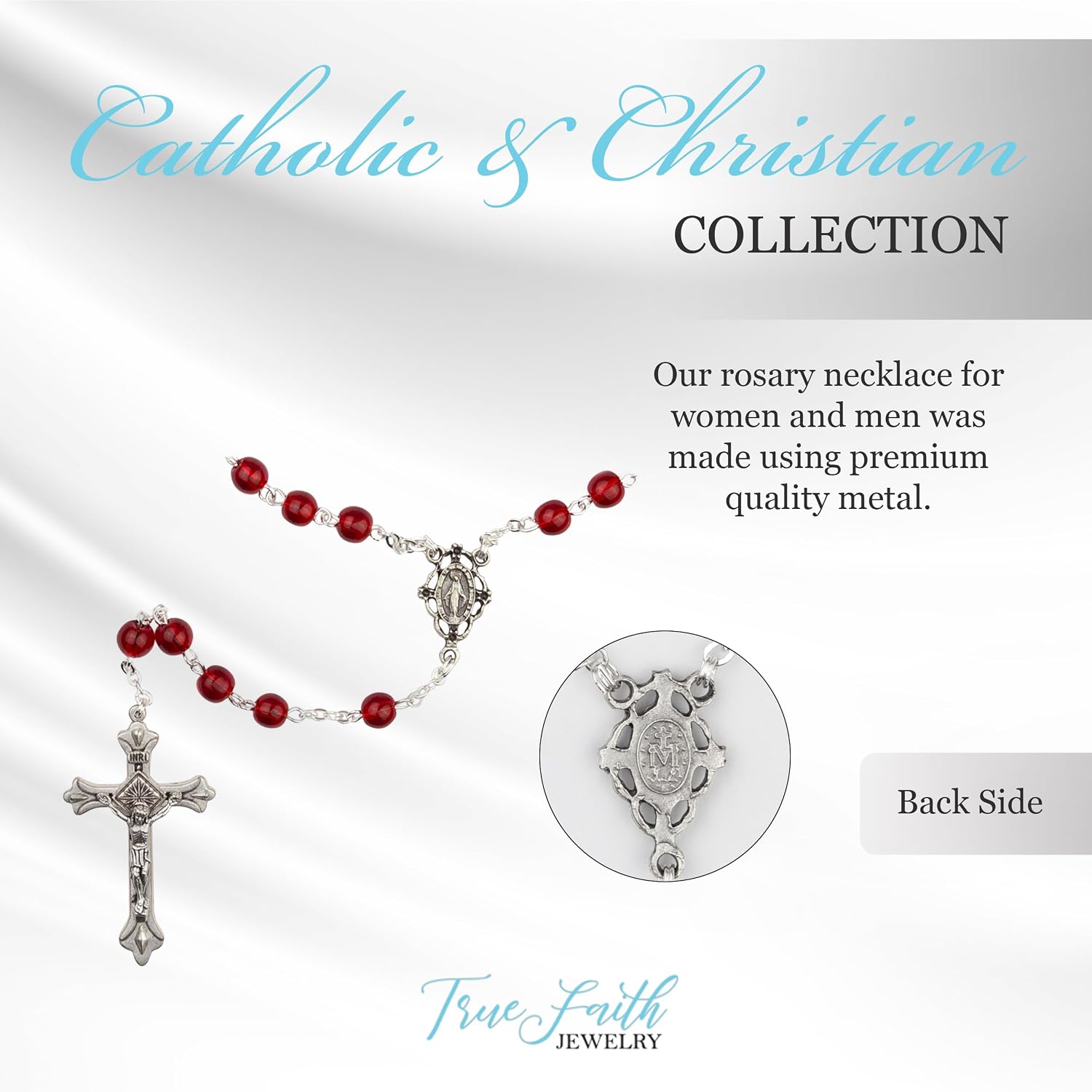 True Faith Jewelry 6mm Round Crystal Glass Holy Rosary Prayer Beads Necklace with Jesus Crucifix Cross and Our Lady Of Grace Miraculous Virgin Mary, for Women and Men, 17.5-Inch, Multiple Bead Colors