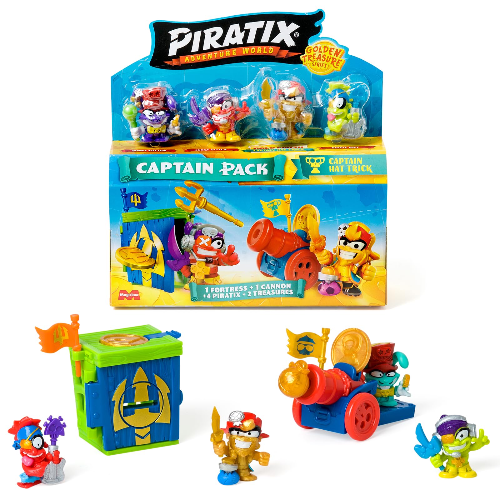 PIRATIX Golden Treasure Series –Captain Pack Hat Trick. Includes 4 Piratix; 1 golden captain and 1 surprise piratix,4 accessories, 1 fortress,1 cannon,2 exclusive treasures and 2 flags.Pack 1 out of 6