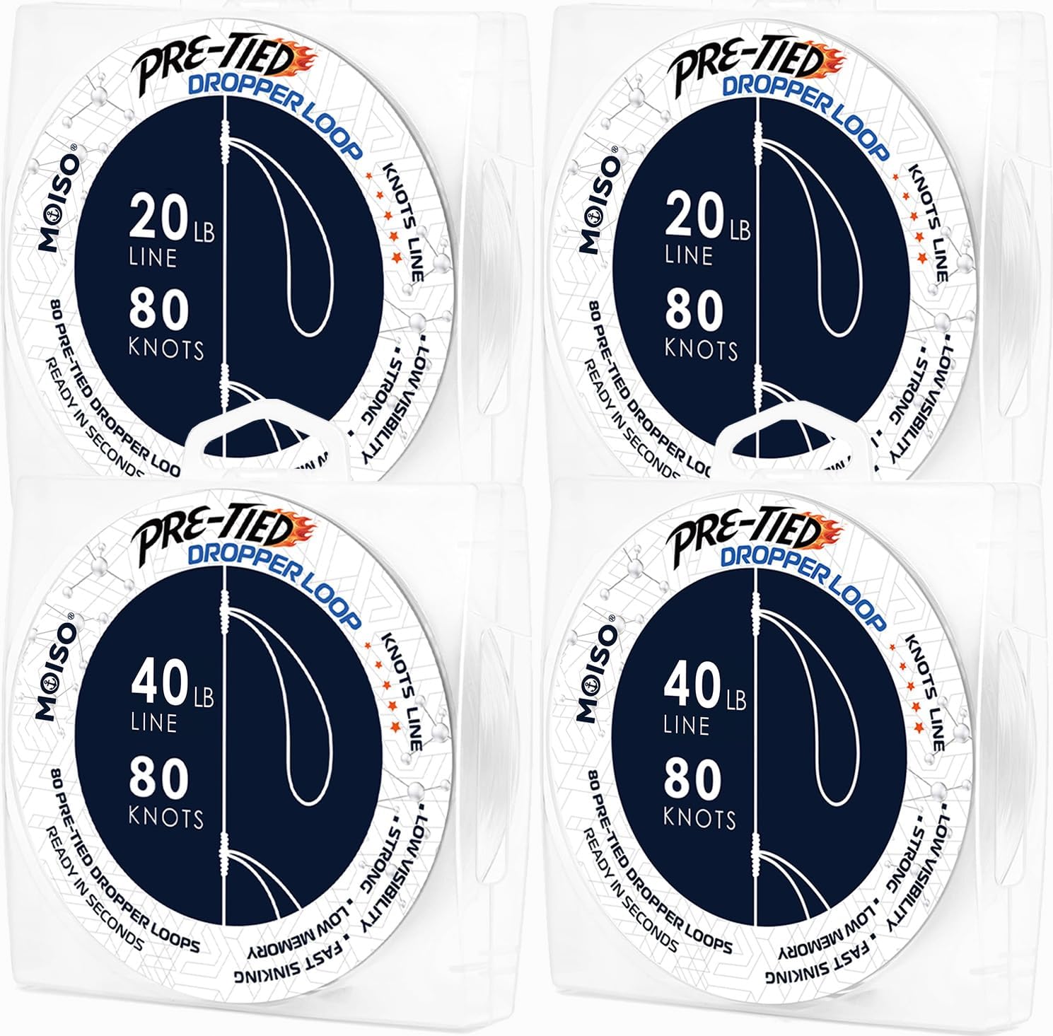 MOISO 20lb (x 2) & 40lb (x 2) Bundle - Pre-Tied Dropper Loop Rigs - 10 lb & 40 lb Bundle Pack. Tested Fishing Line Spool - 80 Loops 16 Inches Apart with 5.5 Inch