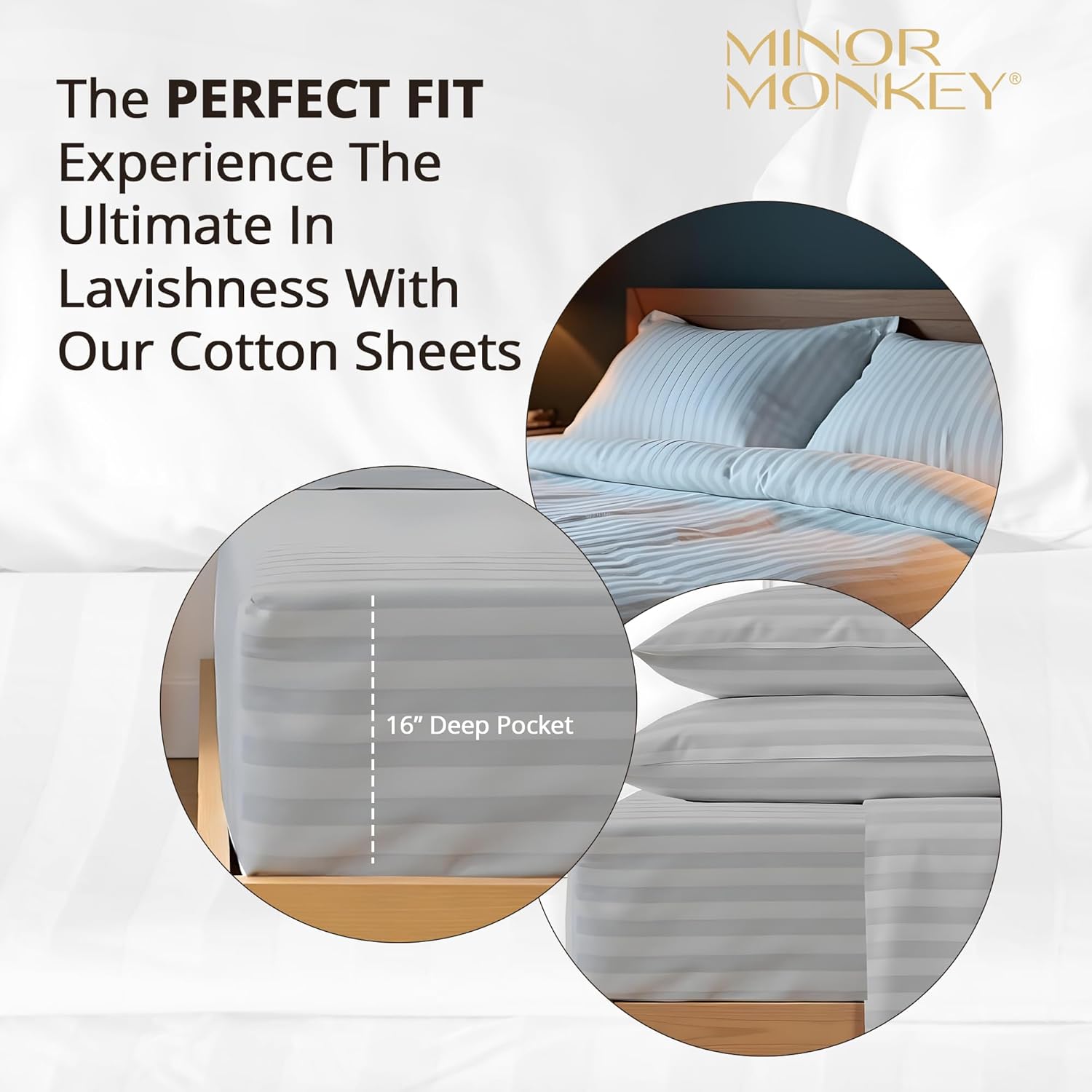 100% Egyptian Cotton Queen Size Damask Striped Sheets, 1000 Thread Count Luxury Breathable Sheet, 4Pc Queen Size Bed Sheet Set, Long Staple 16" Deep Pocket Sheets Set: Light Grey - Image 7