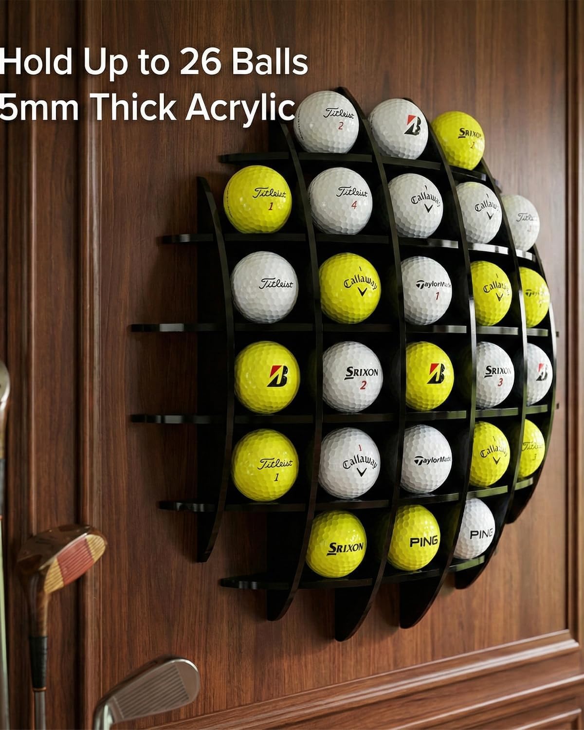 Golf Ball Display Case Wall Mounted - 14x14x4 Premium Black Acrylic Rack Holder for 26 Balls, 5mm Extra Thick Durable Golf Ball Organizer Cabinet for Home & Office