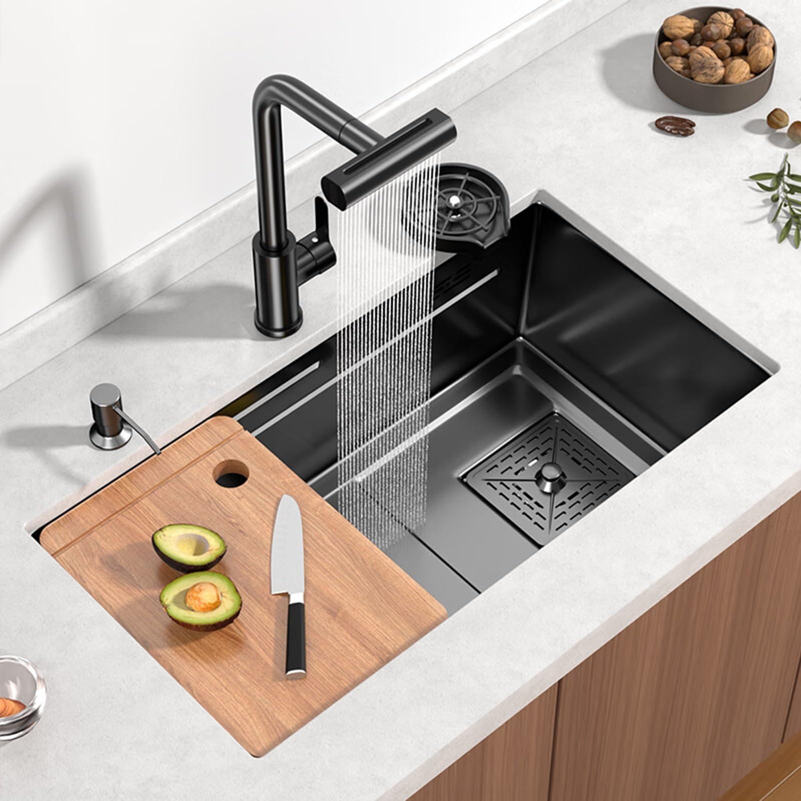 ZQFHSX Stainless Steel Drop-In Kitchen Sink with Waterfall Faucet & Pull Down Sprayhead - Black Single Bowl Workstation Accessories (75x45x20cm)
