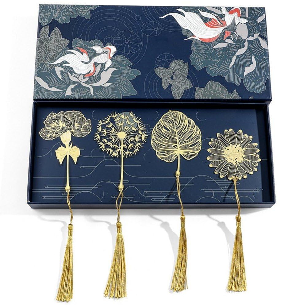 Fituenly Gold Metal Leaf Bookmark With Tassel 4Pcs Beautiful Flowers Leaf Plant Book Marks Chinese Style Handmade Book Mark, Classical Page Marker