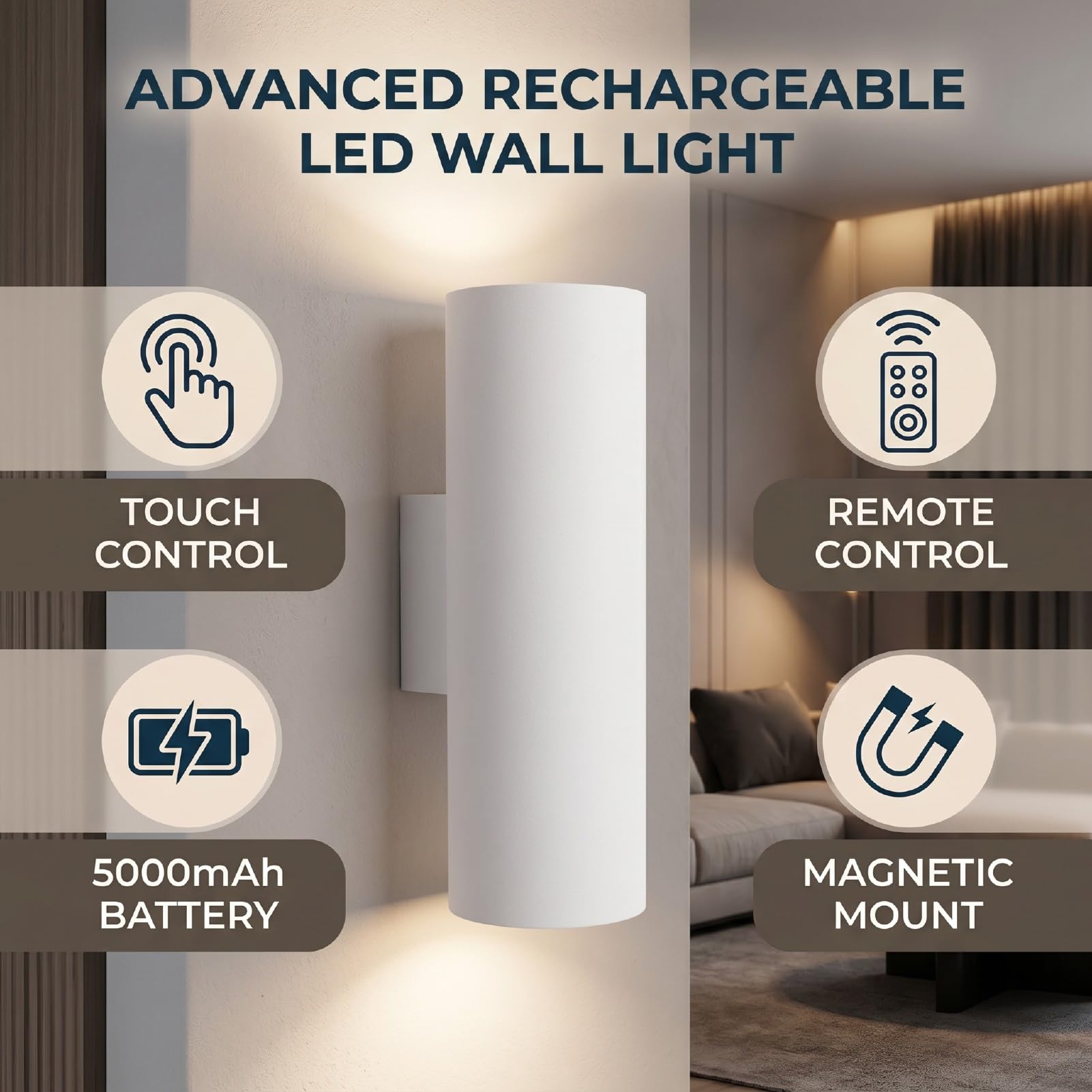 Lampada da Parete a LED Ricaricabile Dimmerabile Touch Control per Camera da Letto Soggiorno Batteria in Lega di Alluminio da 5000 MAh (WHITE)