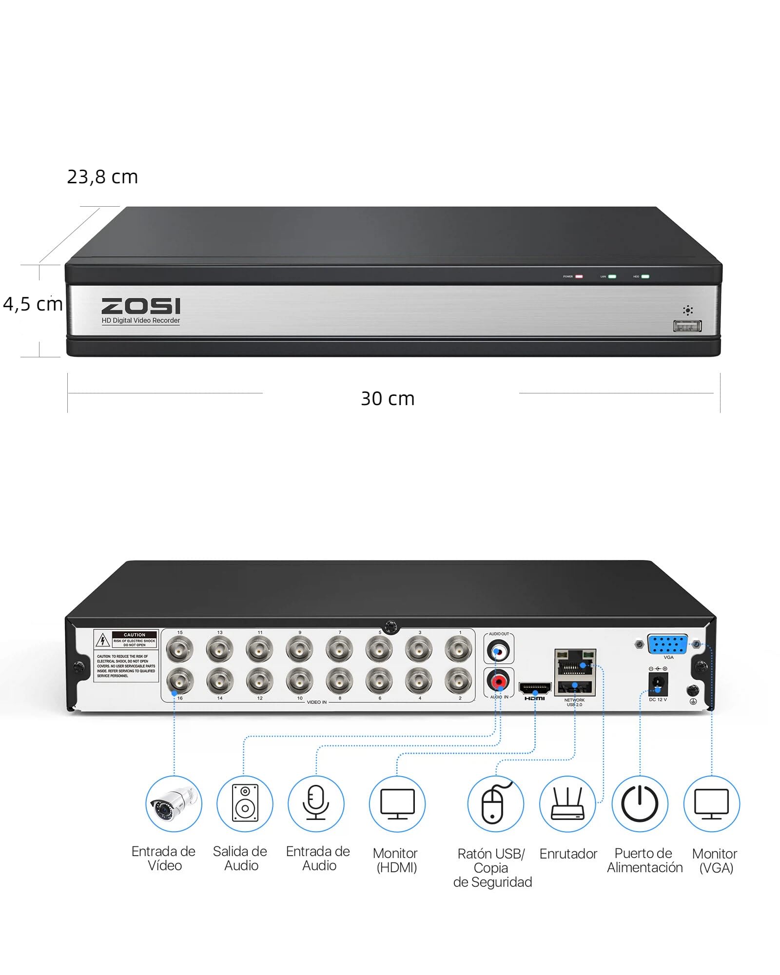 ZOSI 1080p 16CH H.265+ CCTV DVR Grabador de Vídeo con 4TB Disco Duro para Kit Cámara de Vigilancia, Alarma de Movimiento, Acceso Remoto