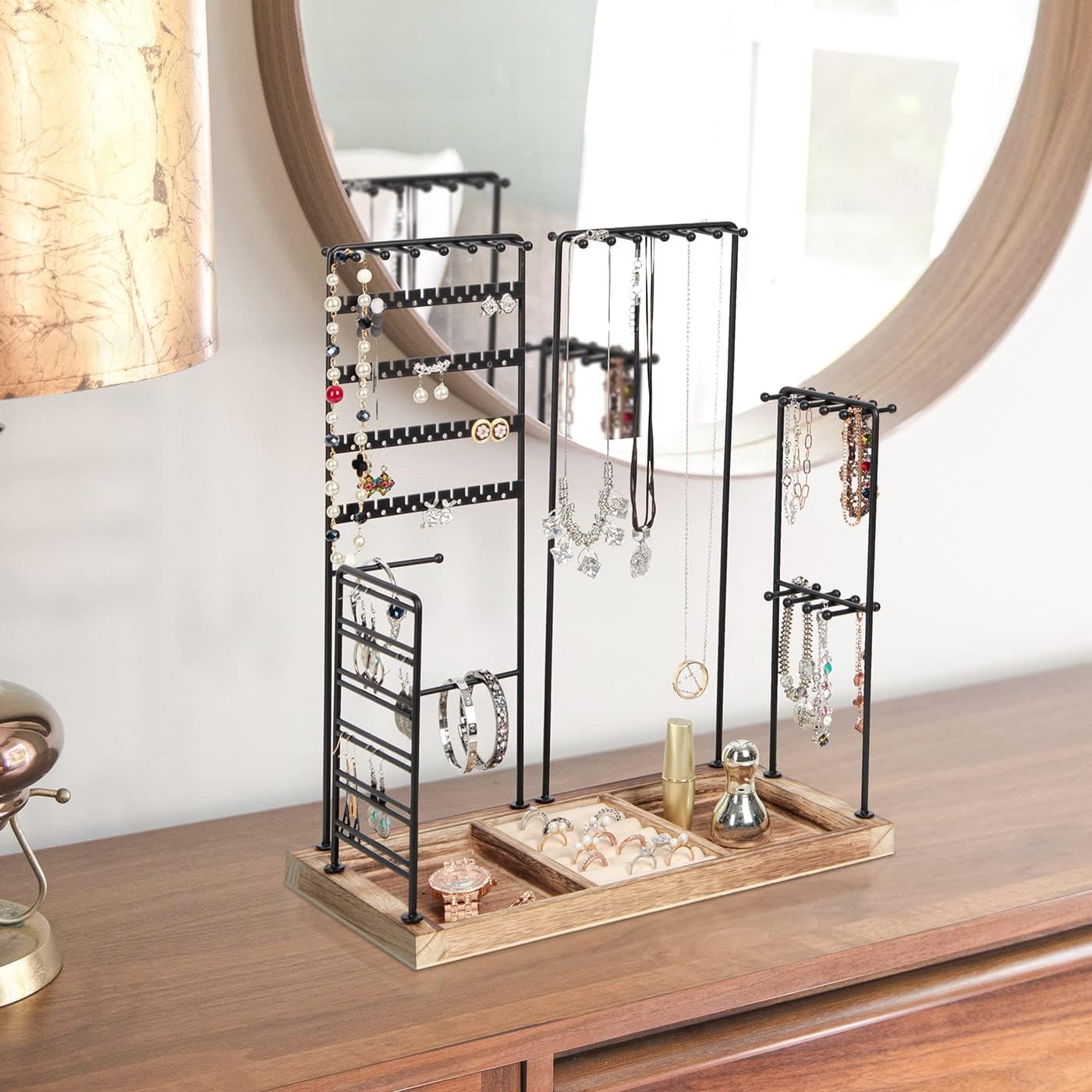 J JACKCUBE DESIGN Jewelry Organizer Stand Tree, 4 Tier Metal Accessory Earring, Necklaces, Bracelets, Ear Stud Holder Tower Rack with Wooden Display Tray Base for Rings- MK915A