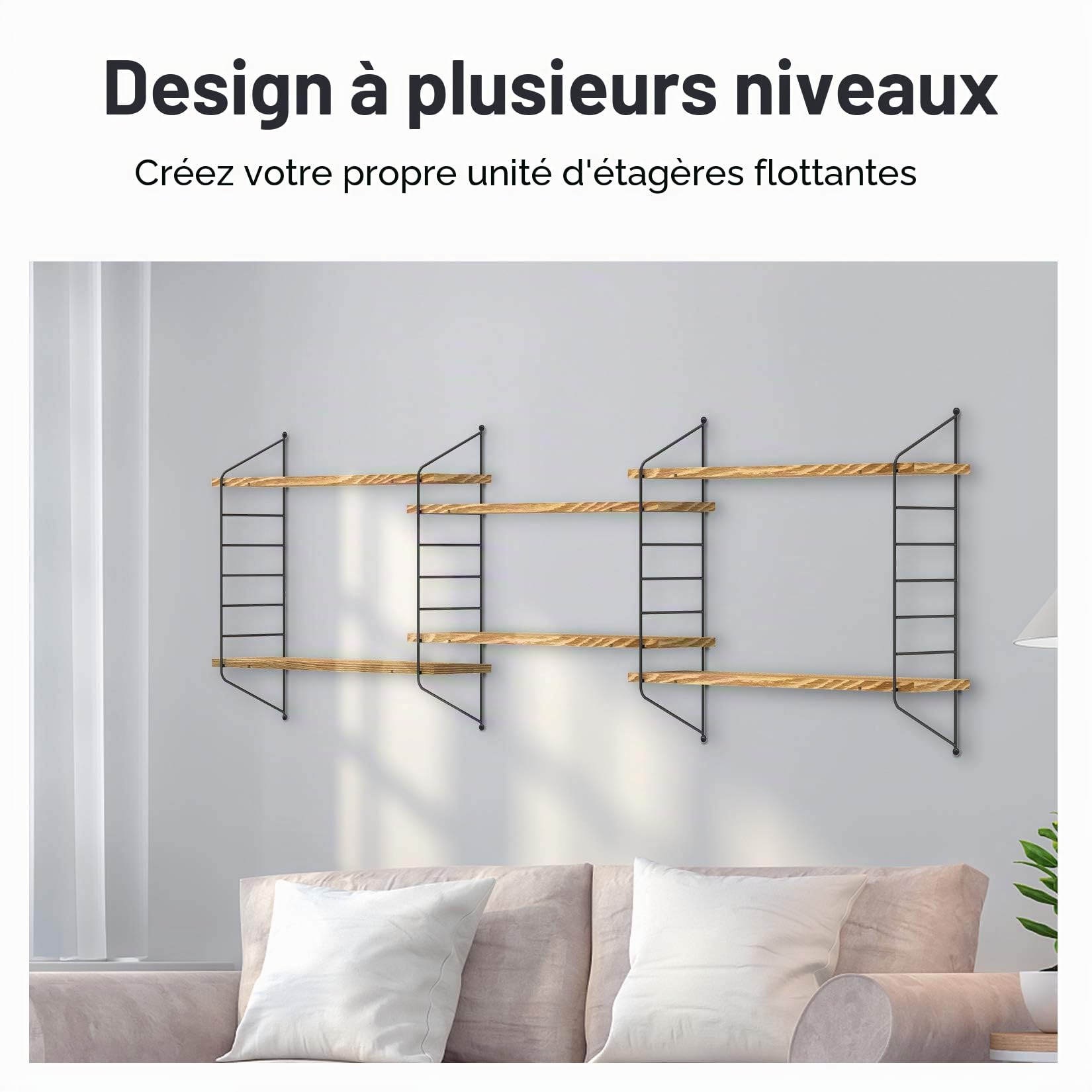 unho Étagère murale flottante, 3 niveaux réglables en bois de pin avec support en métal, 58 × 15 × 54,5 cm