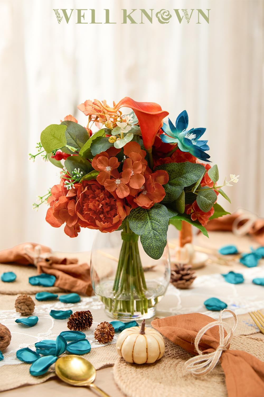 Artificial Flowers in Vase with Fake Water, Faux Silk Peony Dahlia Bouquet, Teal Burnt Orange Flowers Arrangement for Dining Table Centerpiece Wedding Party Spring Home Decor & Birthday Gift - Image 9