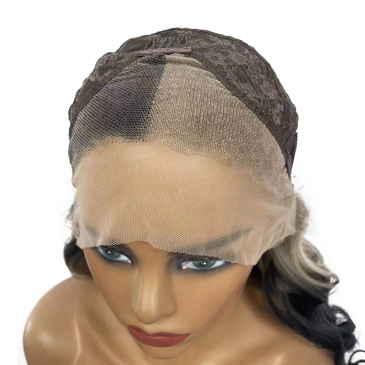 Peakia Long Wavy Blonde Black Ombre Natural Half Hand Tied Synthetic Lace Front Wig