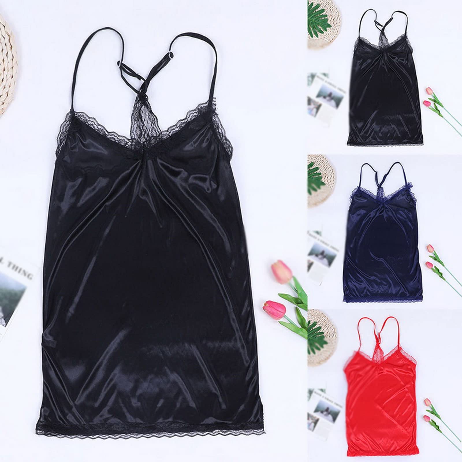 RWRAPS Pigiami da Donna, Indumenti da Notte da Donna Lingerie Moda da Donna Sexy Camicia da Notte in Raso di Seta Babydoll Maglia da Notte in Pizzo Taglie Forti