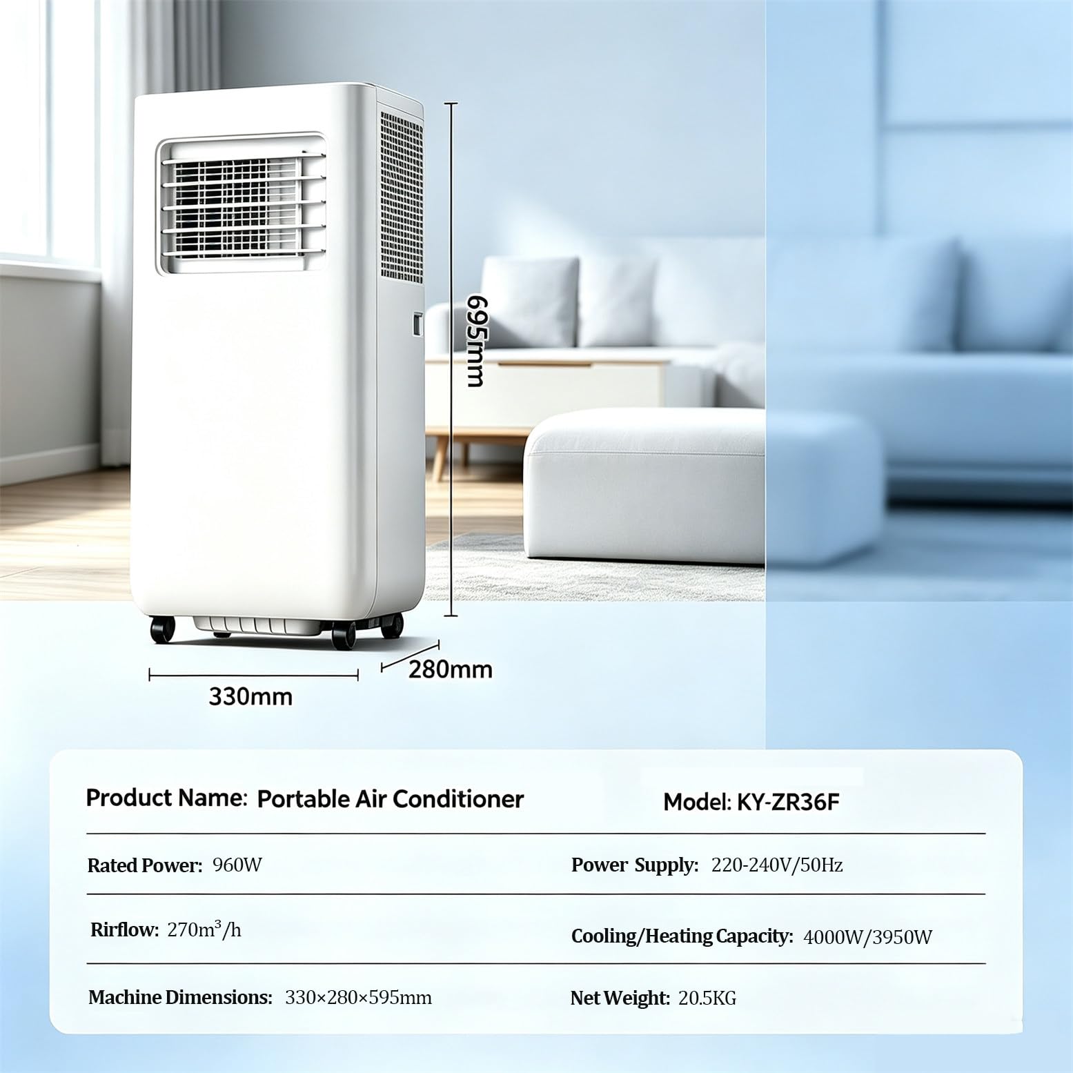 Climatiseur Portable 12000 BTU, Unité Mobile 2 Vitesses avec Télécommande Et Minuterie 24 H ; Modes Froid, Chaud, Ventilation Et Déshumidification ; pour Bureau Ou Domicile (Salon, Chambre)