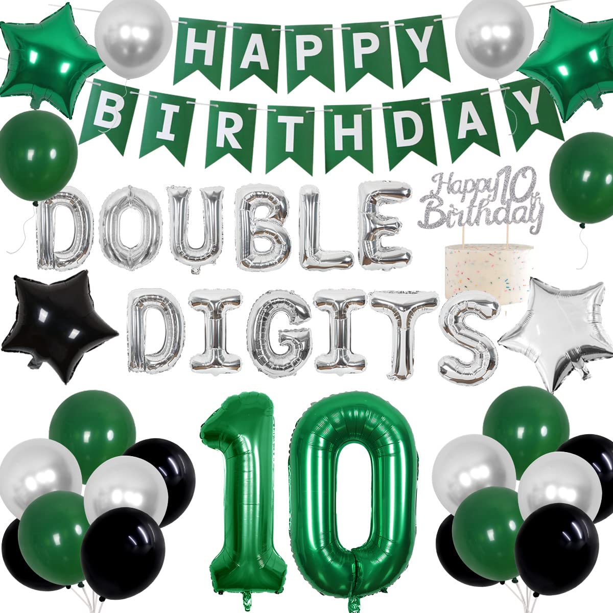 Cheereveal 10th Birthday Decorations Green for Boys Girls, Double Digits Happy Birthday Banner Cake Topper, 10 Years Old Bday Party Supplies