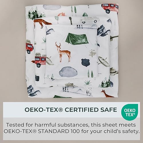 Miniatura 5 de Pobi Baby - Sábana bajera ajustable de alta calidad, sábana encimera con funda de almohada, mezcla de algodón ultrasuave, elegante patrón de bosque,