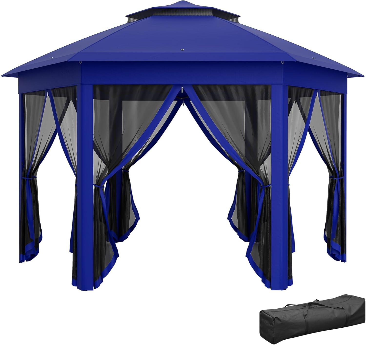 Outsunny 13' x 13' Pop Up Gazebo, Hexagonal Canopy Shelter with 6 Zippered Mesh Netting, Event Tent with Strong Steel Frame for Patio Backyard Garden Wedding Party, Dark Blue and Black