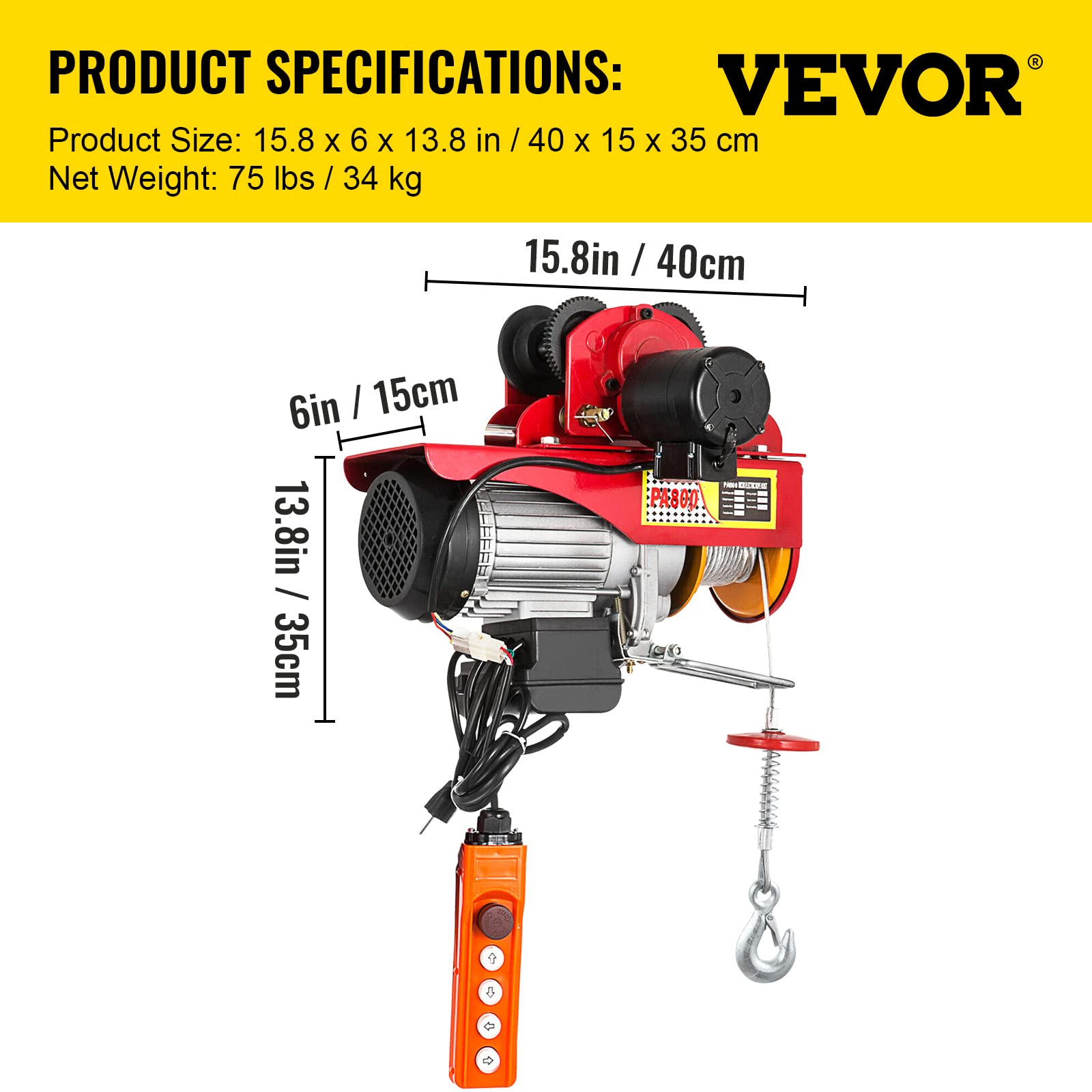 VEVOR Polipasto Eléctrico Motor de 1300 W Capacidad de 800 kg, Montacargas con Carretilla Eléctrica Cable de 12 m, Alambre de Acero Antirrotación de Alta Seguridad, Palanca de Elevación para Garaje