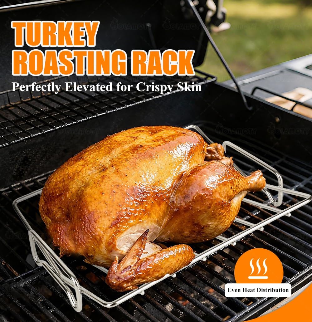 Stainless Steel Turkey Baking Roaster Pan Roasting Pan with V Rack, for Smoking and Grilling Chicken, Bird, and Pork Cooking Rack with 15.5*11.6*2 inch Roasting Pan for Smokers, Grill and Oven