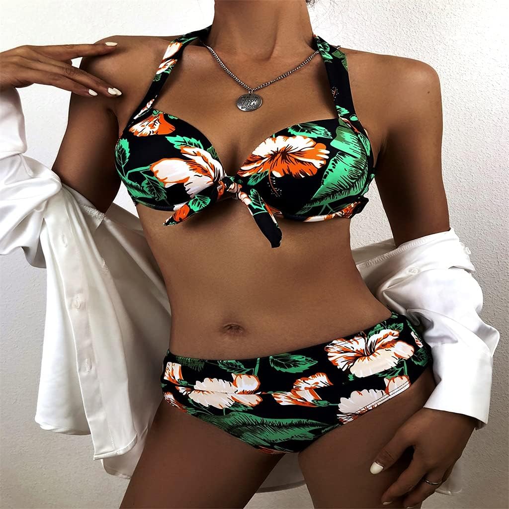 プラススイムスイーツの女性水着女性水着スーツ押上ビキニハイウエストビキニセットスイミングスーツビーチウェア (Color : Gre