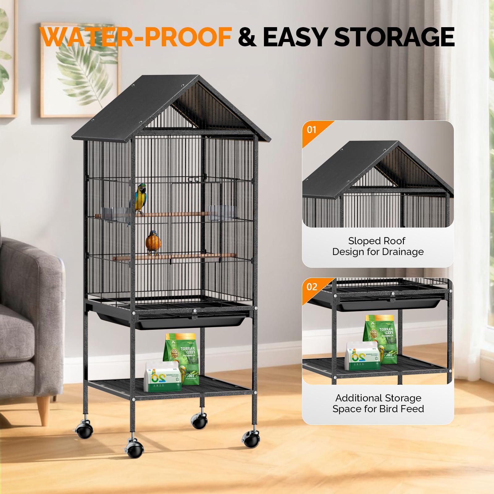 VINGLI Bird Cage with Rolling Stand for Parrots, Cockatiels, Budgies, Lovebirds, Small/Medium Birds (50" H with Spire Roof) - image 3
